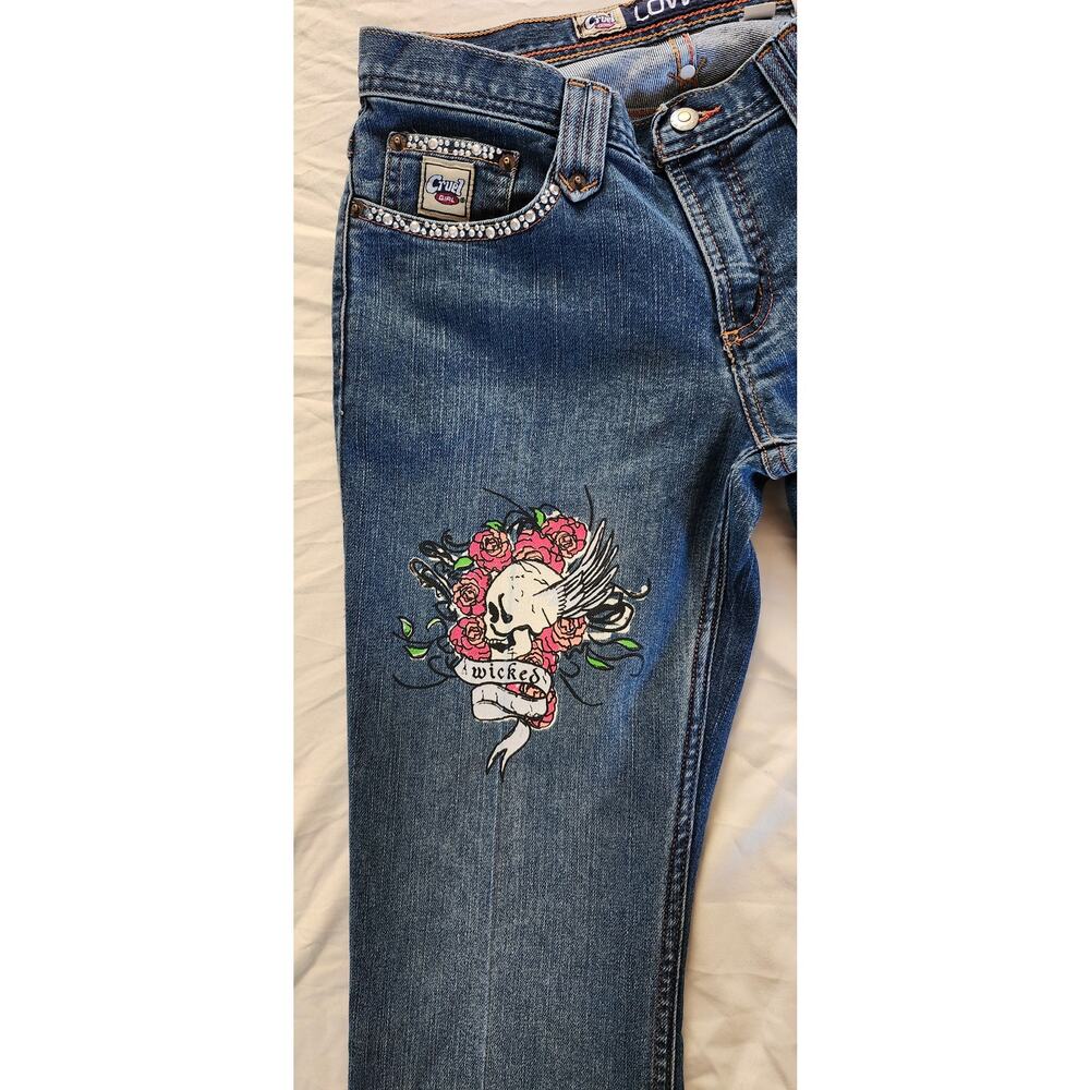Vintage Y2K Cruel Girl Low Rise Bootcut Jeans Tattoo Bird Rose 9 Long